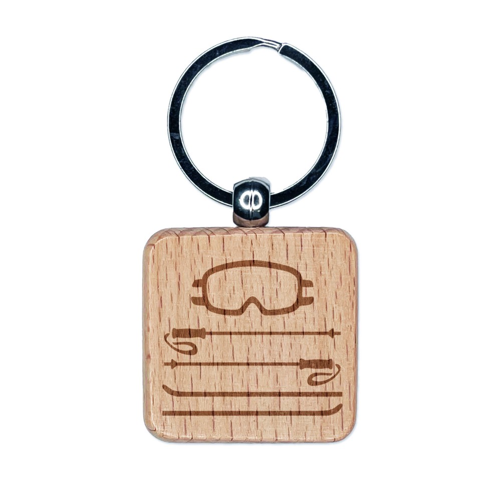 Skiing Goggles Poles Equipment Sport Engraved Wood Square Keychain Tag Charm