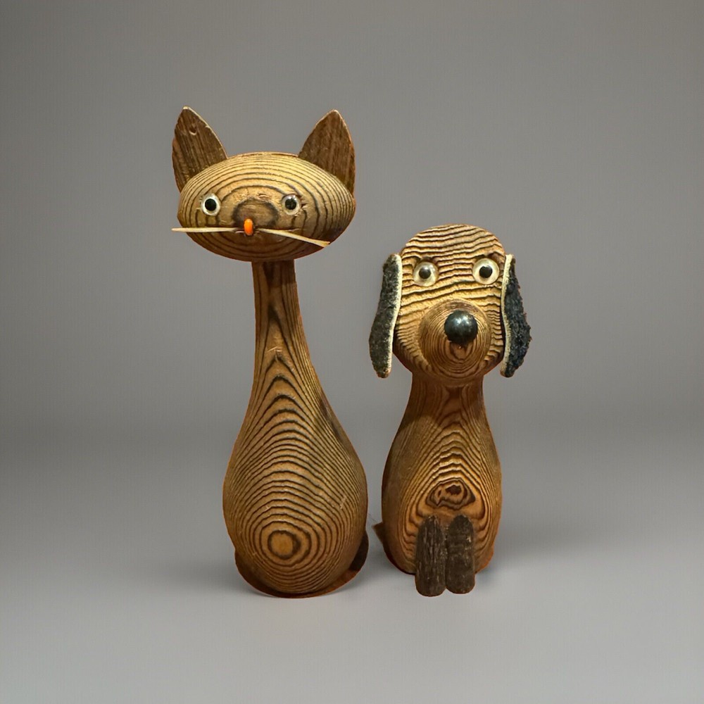 Vintage Otagiri Japan MCM Cryptomeria Wood Cat & Dog Figure LOT 5