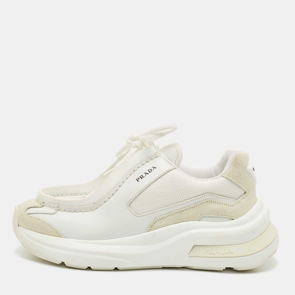 Prada White Leather and Fabric Systeme Lace-Up Sneakers Size 41