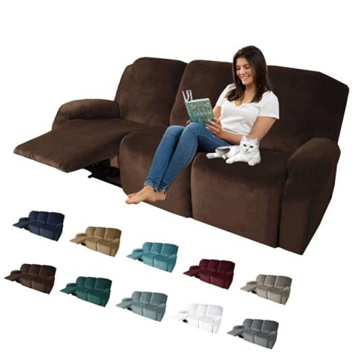 8 Pieces Recliner Sofa Covers, Stretch Velvet Sofa Recliner Dark Coffee