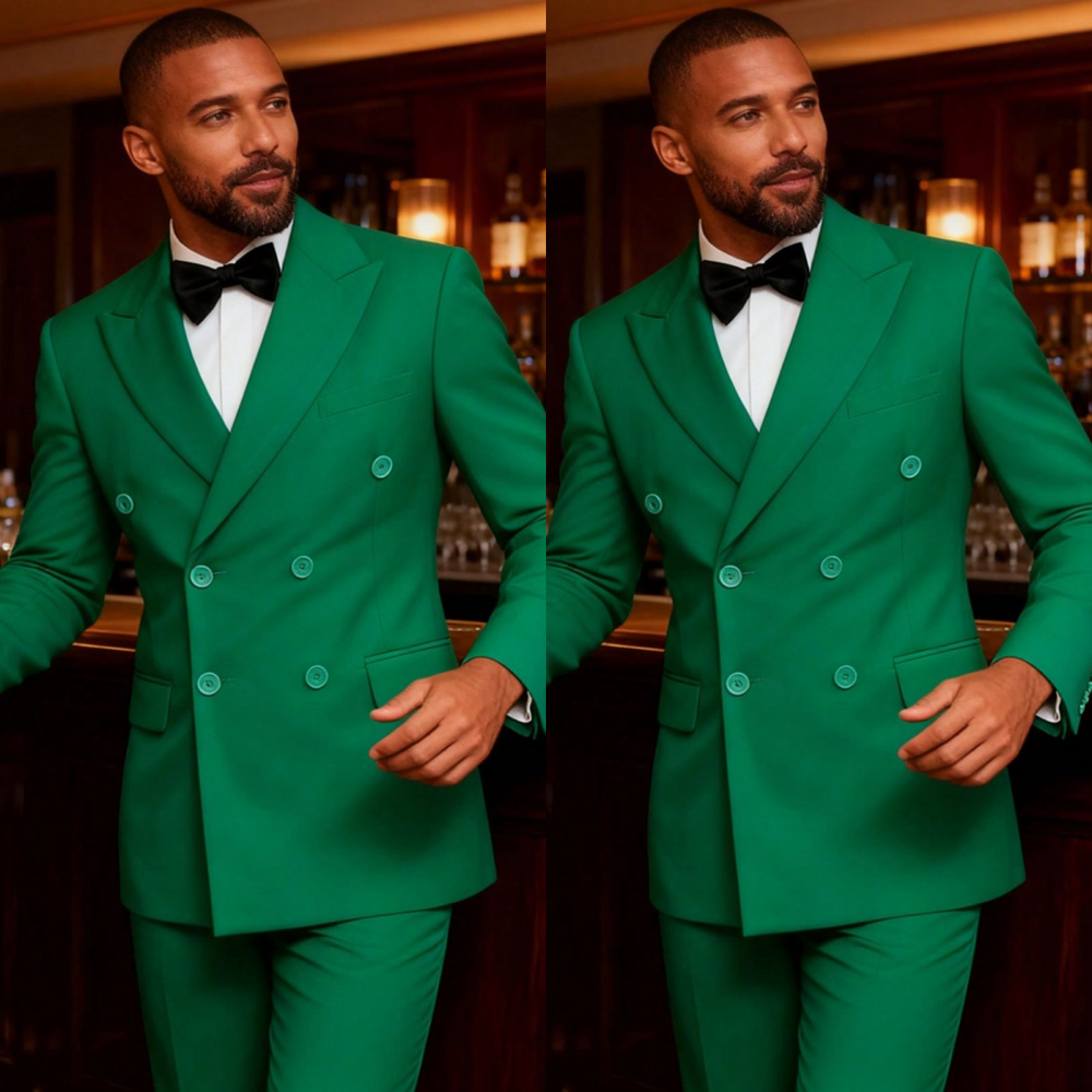Green Men's Suit Prom 2Pcs Peak Lapel Double Breasted Formal Tuxedo Jacket