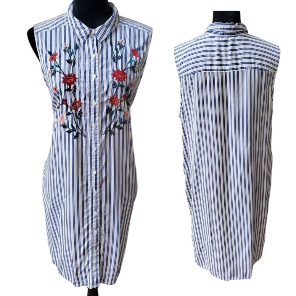 Terre Bleue Size L Blue White Floral Embroidery Sleeveless Button-Up Shirt Dress