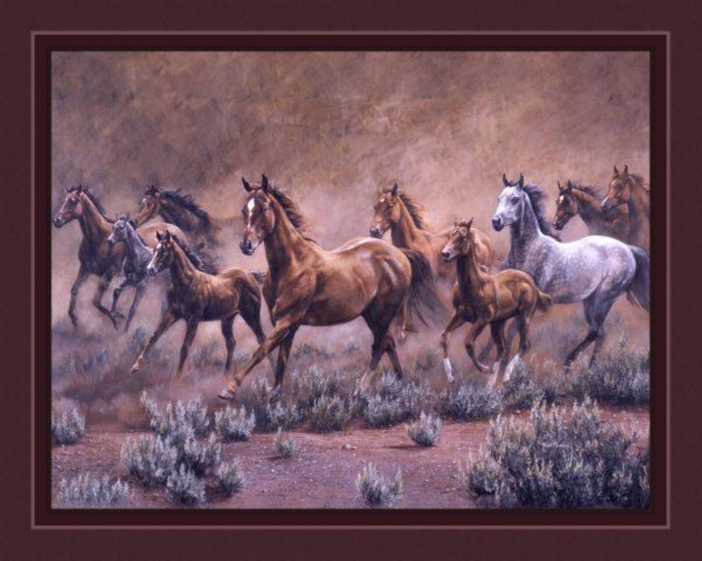 Wild Horses On the Move Quilt Top Wall Hanging Panel Fabric