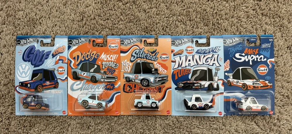 HOT WHEELS 2024 GULF TOONED FULL SET OF 5, DODGE CHARGER, SUPRA, MANGA TUNER