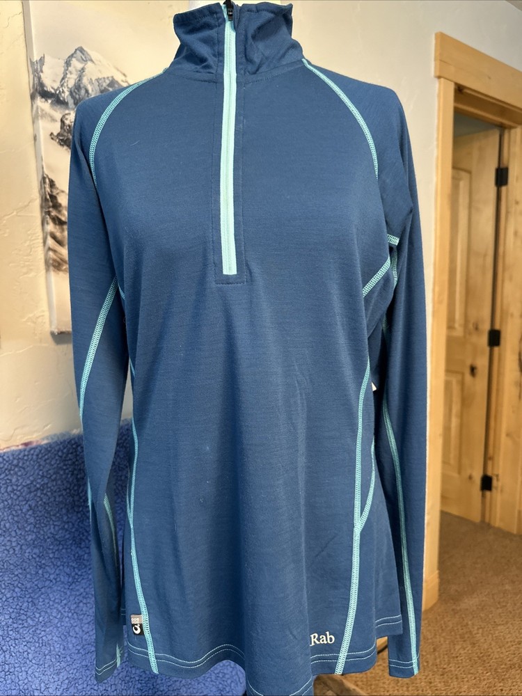 Women’s Rab MeCo 165 LS Zip T (65% Merino Wool)- Large, Ocean Blue