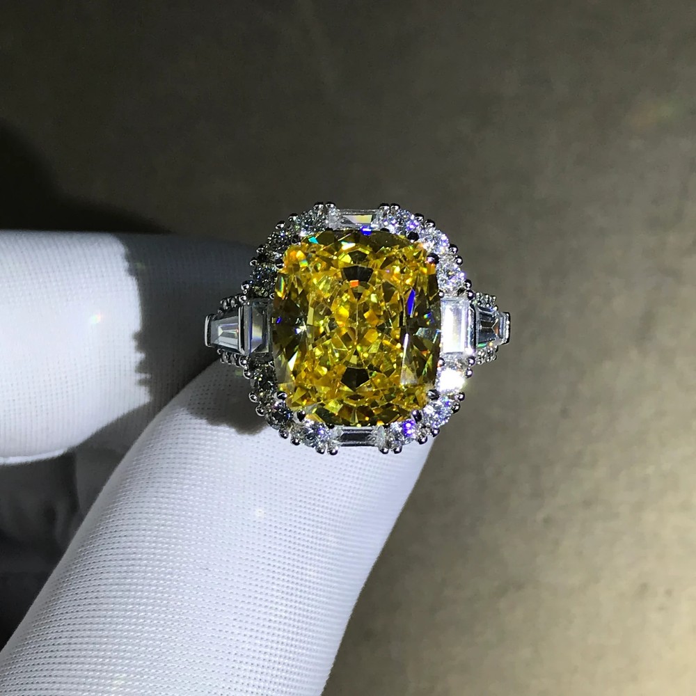 8 Carat Cushion Cut Vivid Yellow 14K Gold Halo Three Stone Moissanite Engagement Ring