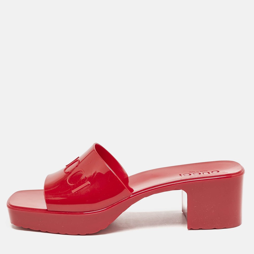 Gucci Dark Red Rubber Block Heel Slide Sandals Size 40