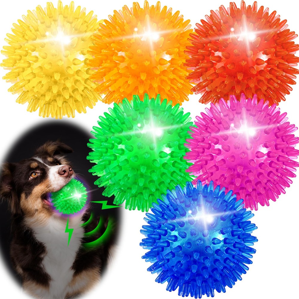 6PCS LED Light Up Spike Ball Dog Toys with Flashing Lights and Squeaker for Fetch Play