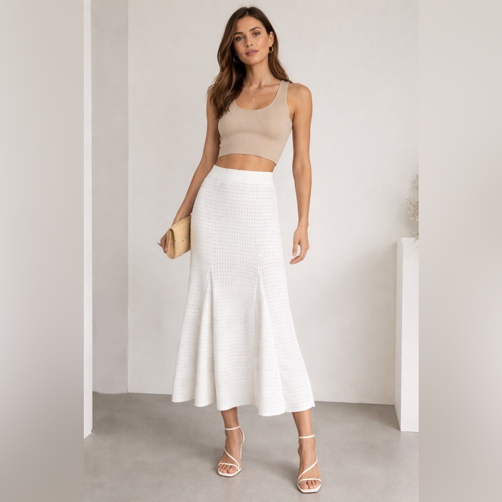 Victor Glemaud White Pointelle Knit Midi Skirt Flared Pull On XS S
