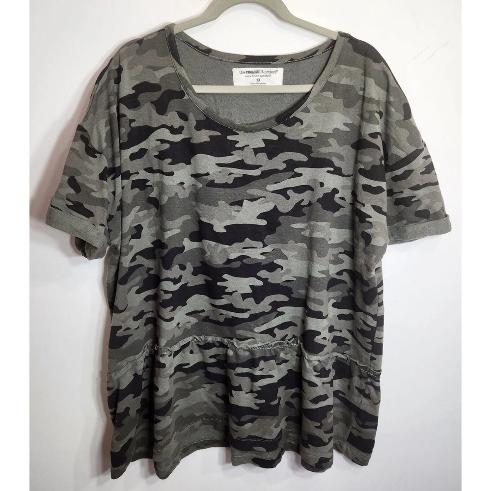 The Sweatshirt Project Camo Ruffled Hem Short Sleeve Oversized Tunic Top SZ 2XL