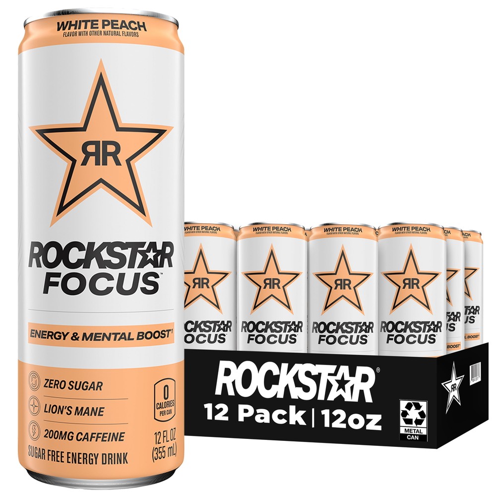 Rockstar Focus Zero Sugar Energy Drink, White Peach Flavor, 12 Oz 12 Pack Cans