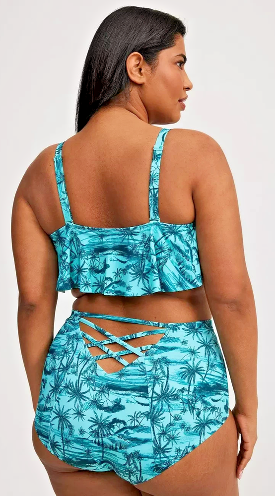 EUC Torrid 2-piece Set Swimsuit Size 3 Womens Jungle Tropical Flounce Cheeky