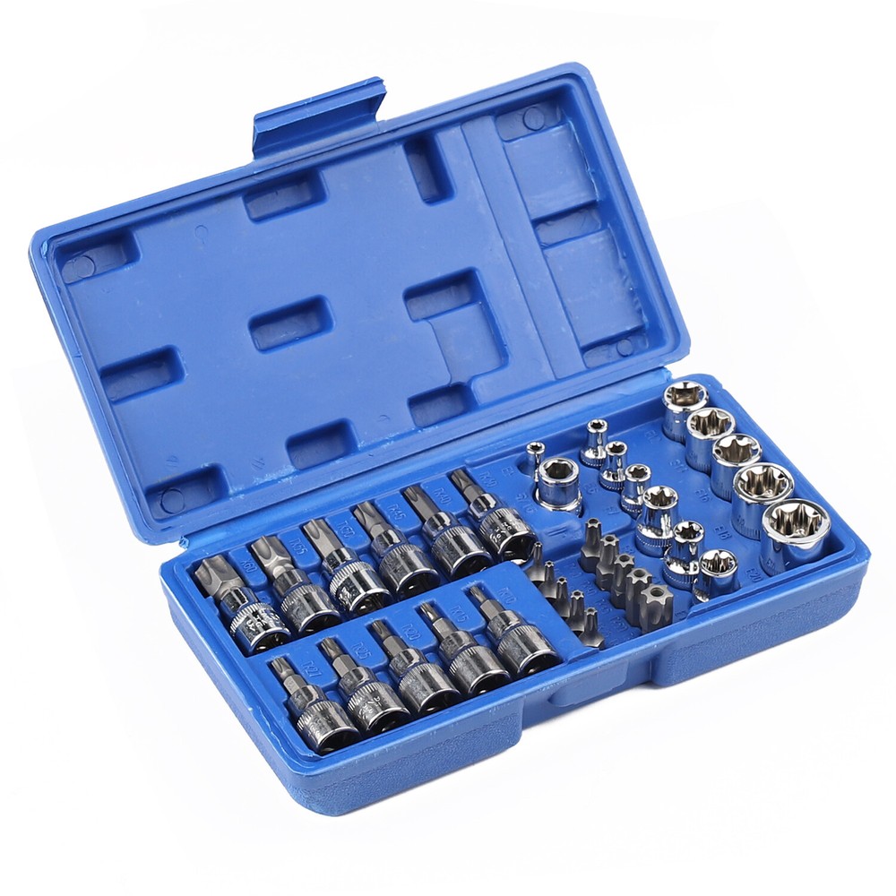 34-Piece Torx Star Socket Bit Set with 3/8 Male and Female Drive Sockets