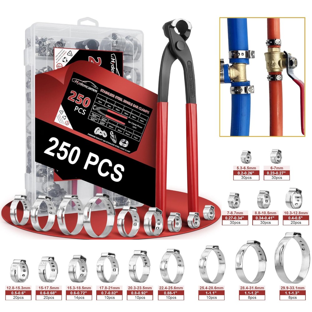 304 Stainless Steel Ear Hose Clamps Plier 250PCS Single Ear Stepless Hose Clamps