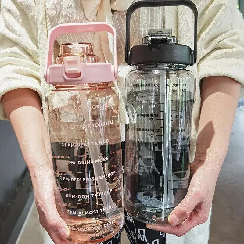 2L Sports Water Bottle with Time Marker & Straw for Gym Travel Fitness  