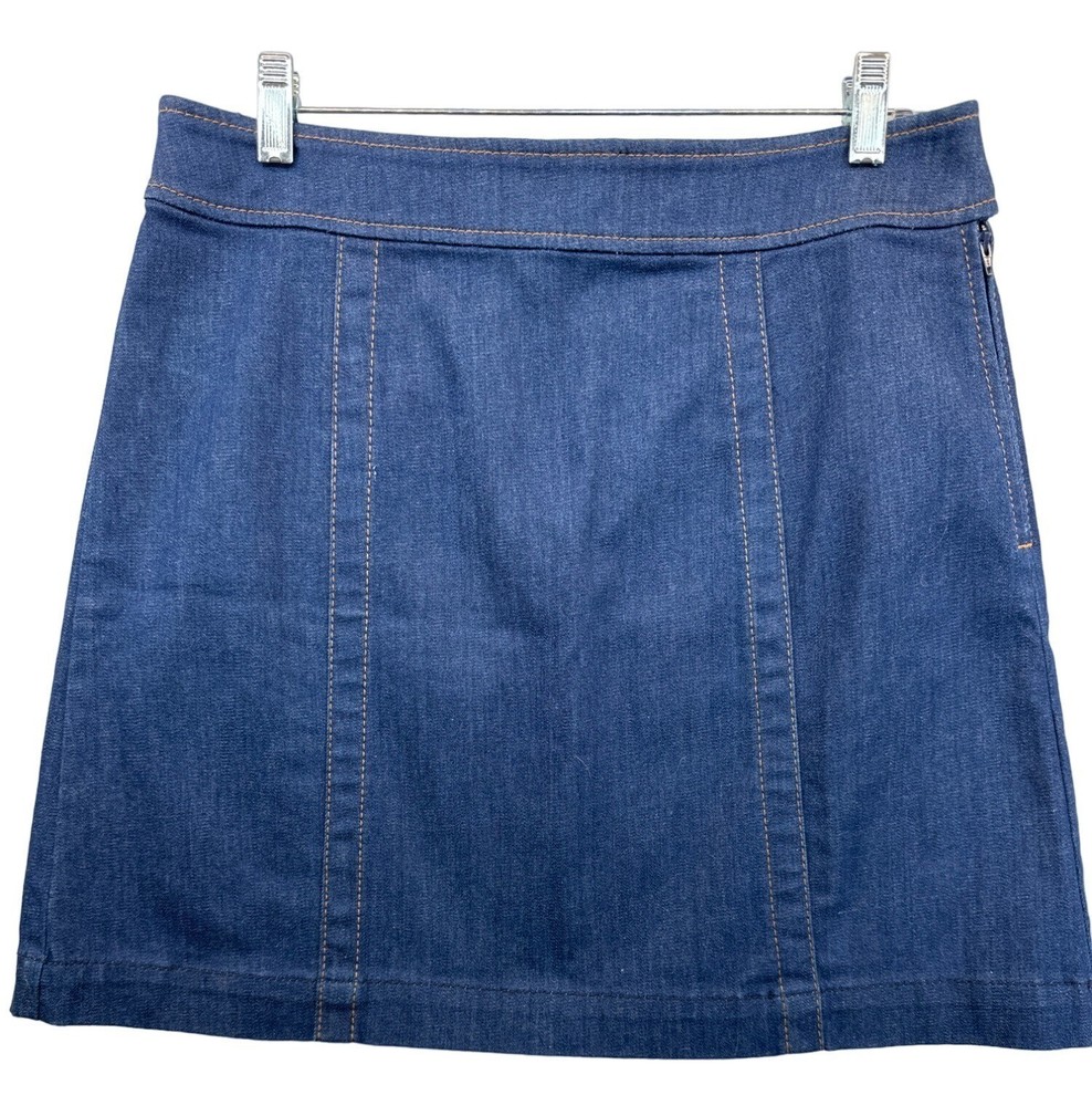 Loft Women Mini Skirt Sz 30 Blue Denim A-Line Side Zip Casual Classic Boho Retro