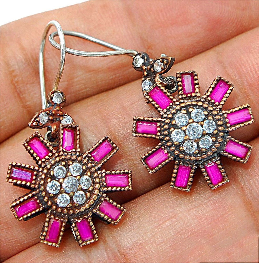 Ottoman Empire Inspired 4CT Ruby Sterling Silver Earrings Design TE1598