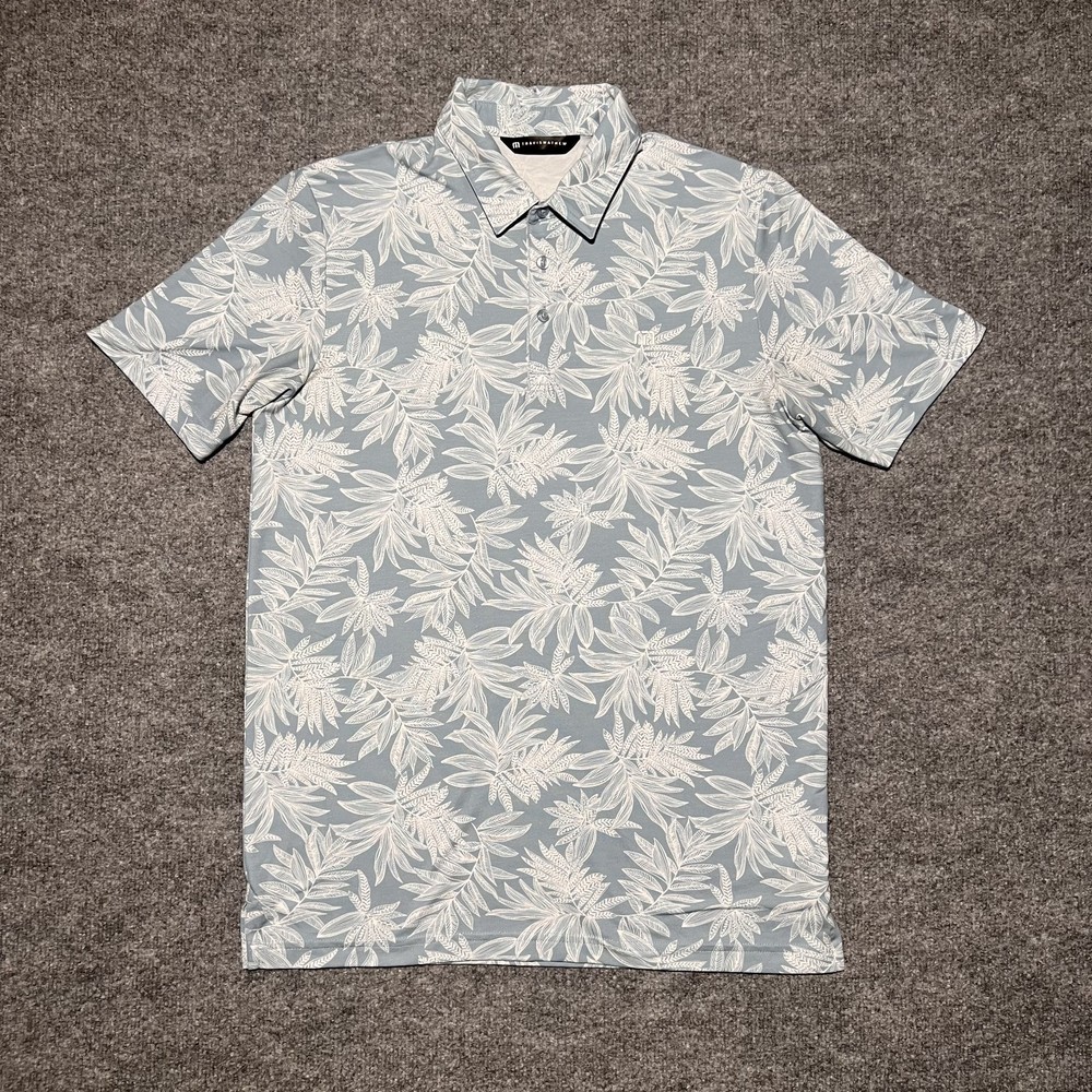 Travis Mathew Sea Journey Leaf Print Stretch Polo Ash Blue Men Size Medium