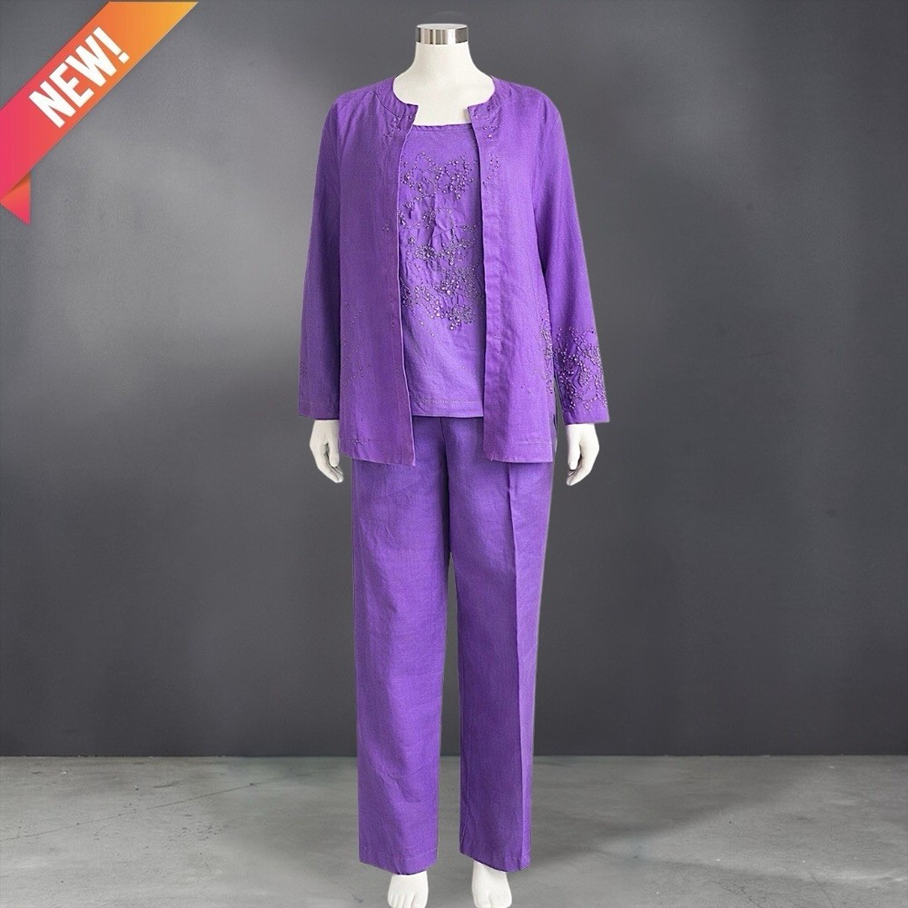 NEW La’ Rea Collection 3-Piece Beaded Embroidered Purple Linen Set – Size 2X