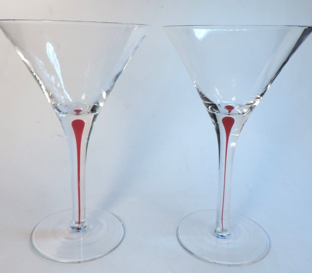 2 PIER 1 RED TEARDROP MARTINI GLASSES (MINT!)