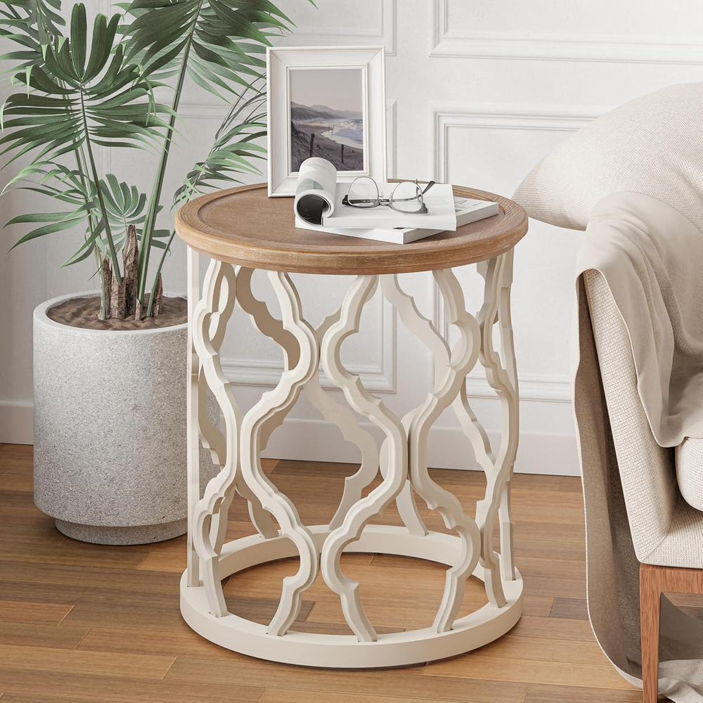 Farmhouse distressed tray top side table with curved motif frame base