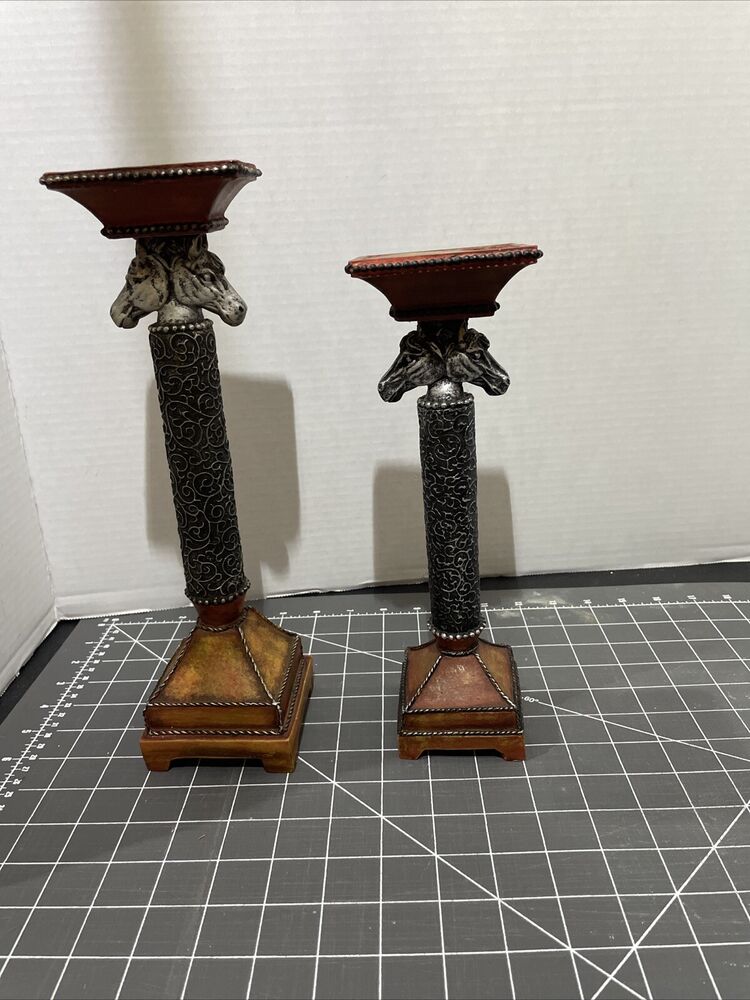 Equestrian 10” & 12” Column Candle Holder Pair Square Resin & Metal HandPainted