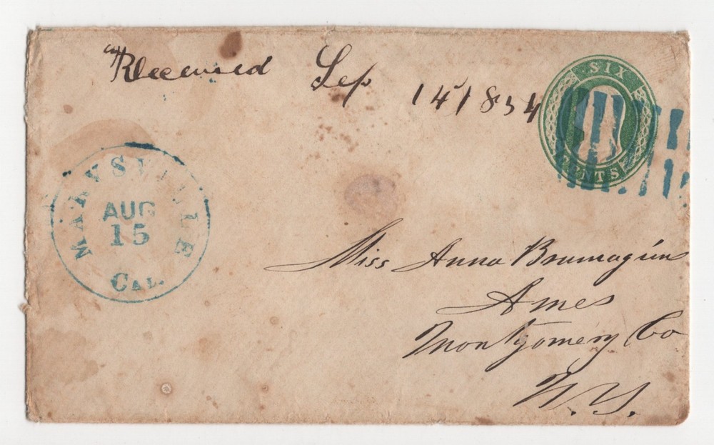 US 1854 STATIONERY COVER MARYSVILLE, CAL. TO AMES NEW YORK MONTGOMERY COUNTY