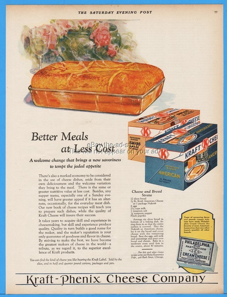 1928 Kraft Ad for Philadelphia Cream Cheese with Swiss Block Bread Recipe