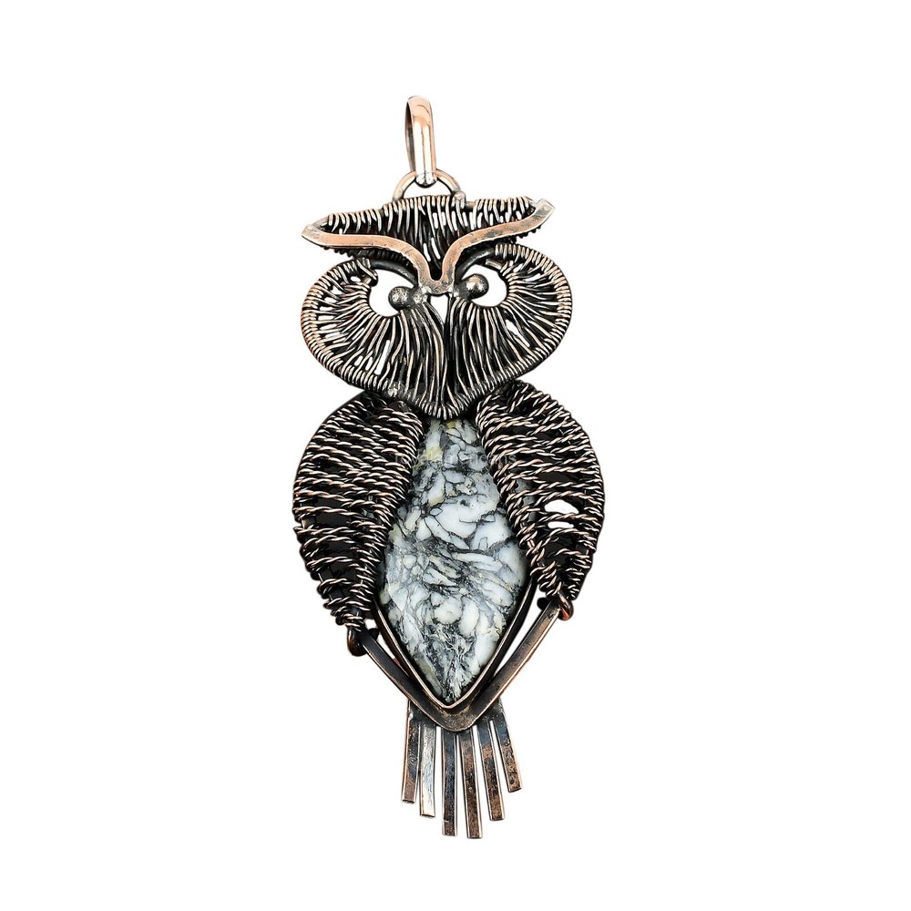 Mother's Day Deal – Natural Pinolith Jasper Owl Pendant in Copper Wire Wrap-image