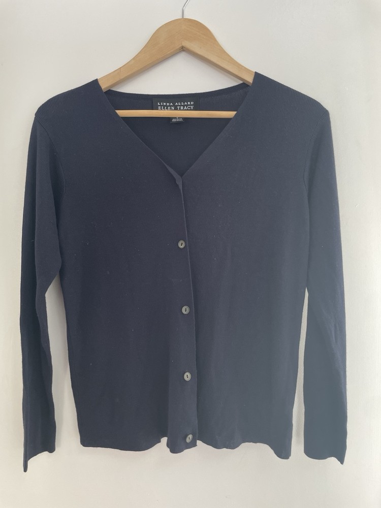 Linda Allard Ellen Tracy Women's Solid Black 100% Rayon Sheer Button Cardigan PS