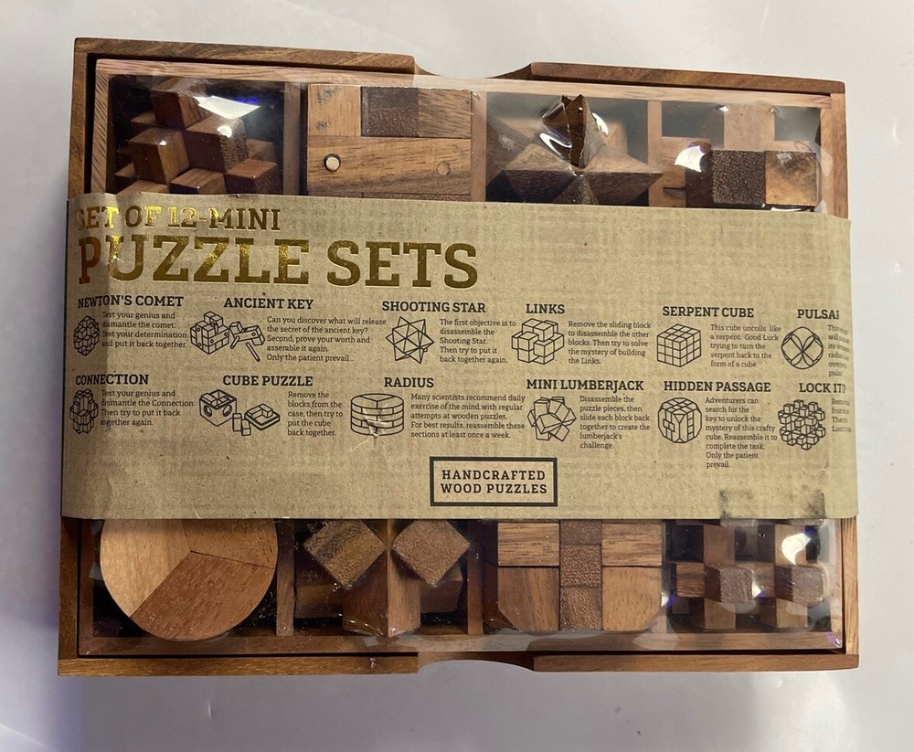 Set Of 12 Mini Puzzle Sets Hand Crafted Wood Puzzles ~ NEW