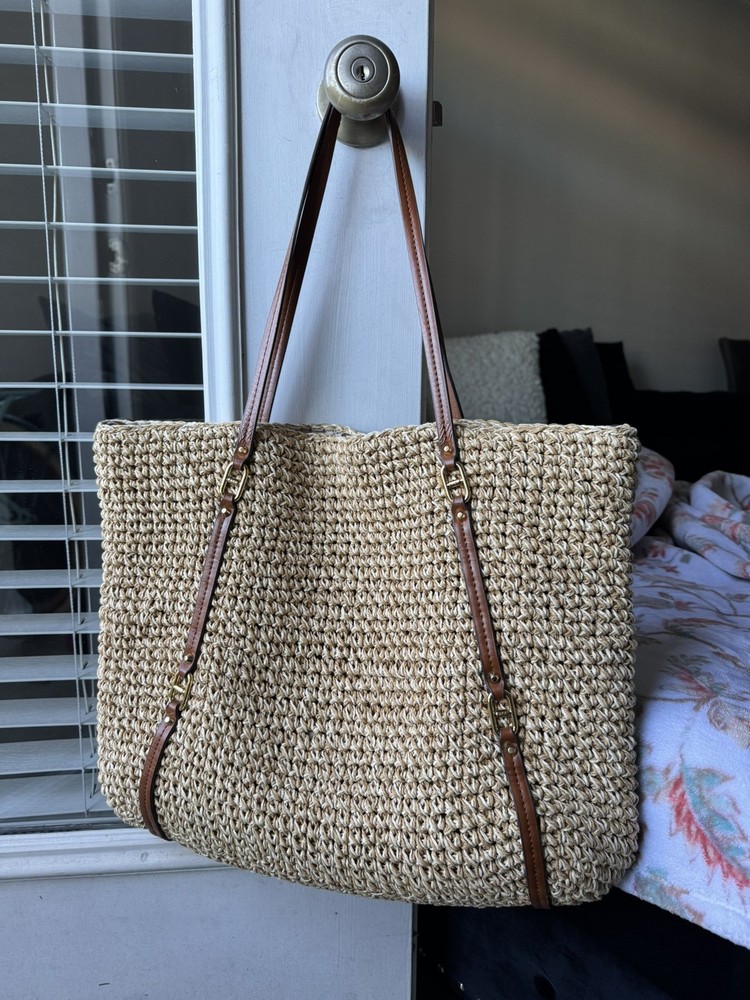 RALPH LAUREN Tote Bag Basket Bag One Shoulder Leather Magnet Logo Beige Brown