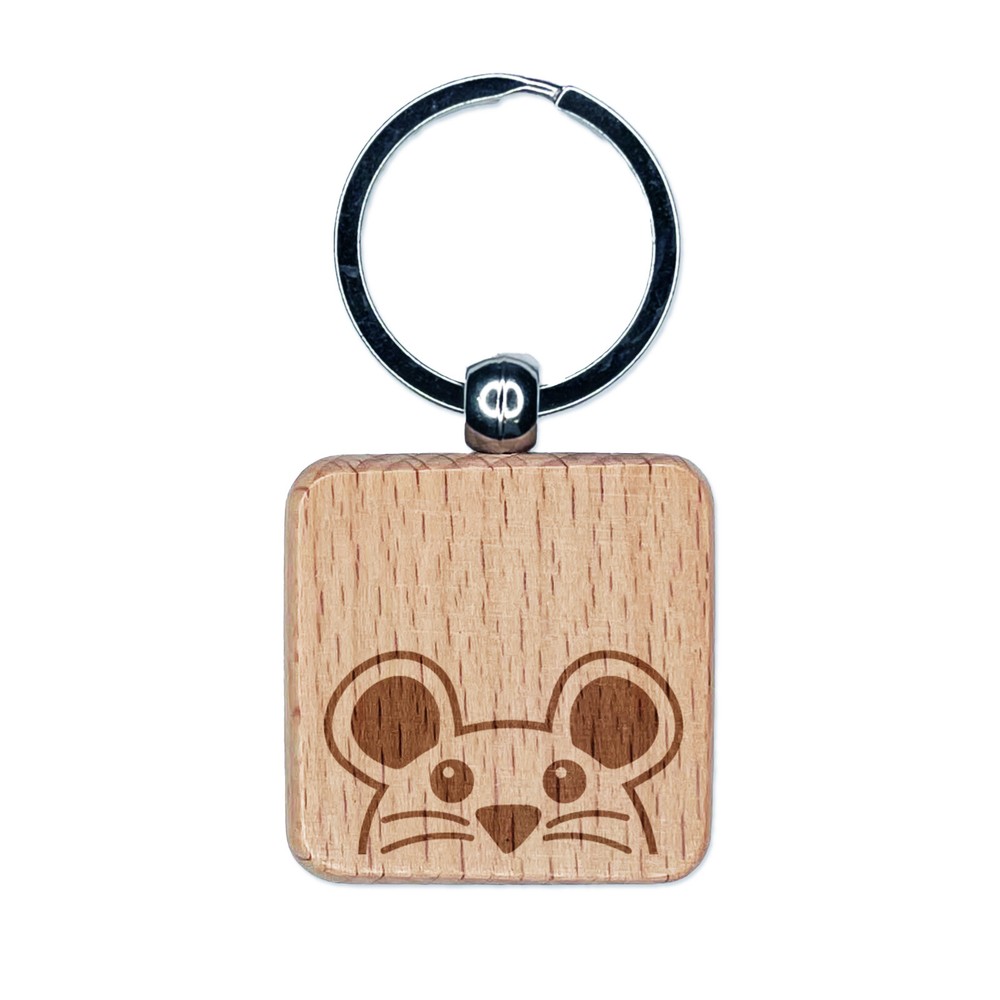 Peeking Mouse Engraved Wood Square Keychain Tag Charm
