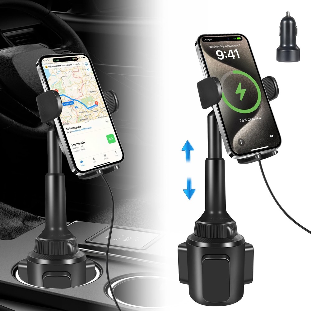 Upgraded Wireless Car Charger, Cup Holder Mount with 15W Fast Charging