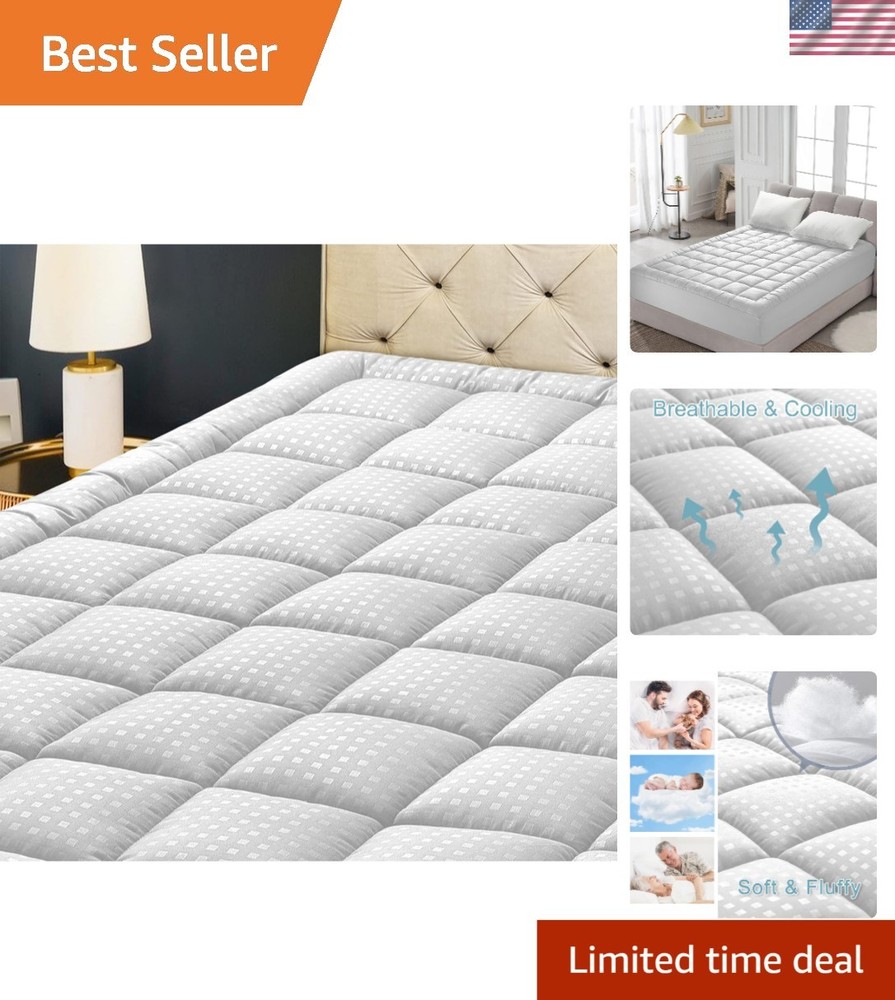 Fluffy Pillow Top Queen Mattress Pad - Noiseless, Adjustable, Machine Washable