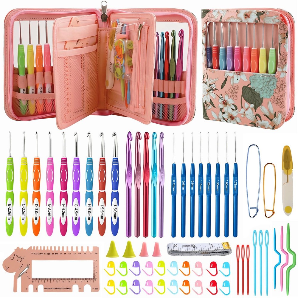 60-Piece Ergonomic Aluminum Crochet Hook Set with Travel Case for Comfortable Crafting
