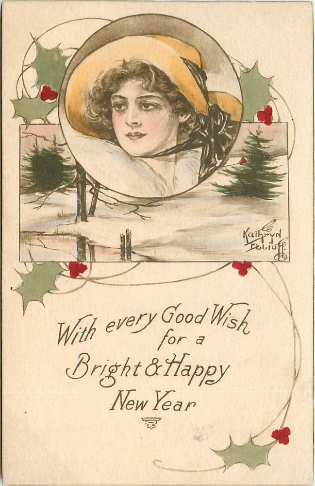 c1910 Arts & Crafts New Year woman artist impression Postcard 25-9382