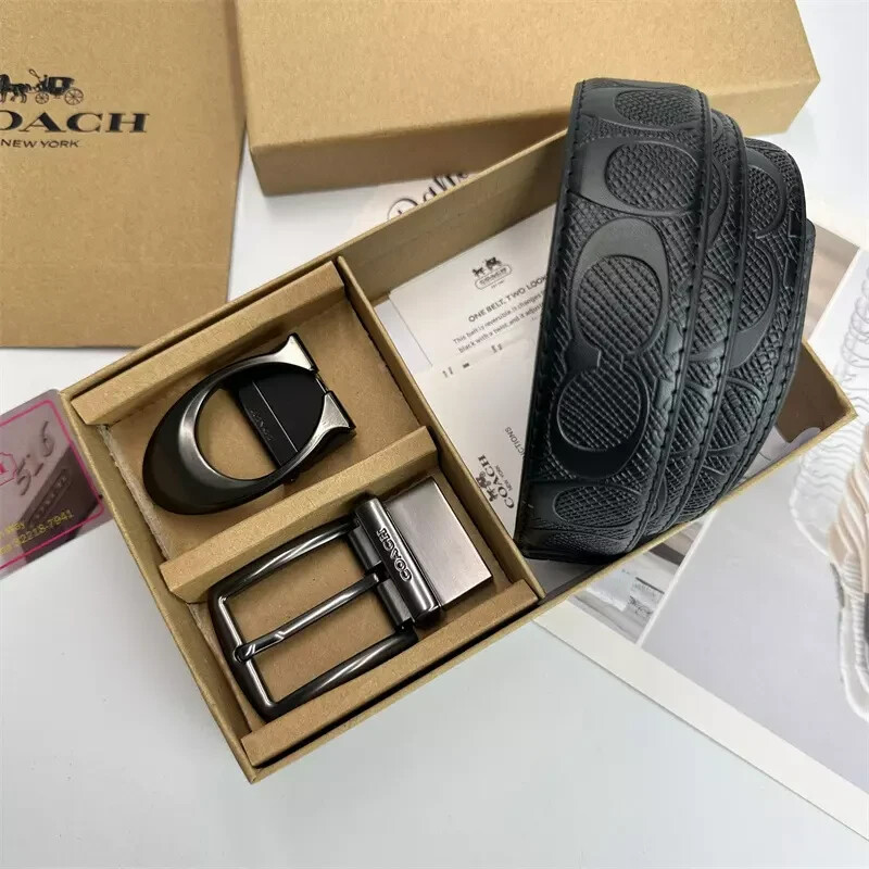 New Mens Coach Black Double Head Dress Belt 120CM Adjustable Gift Box Set  