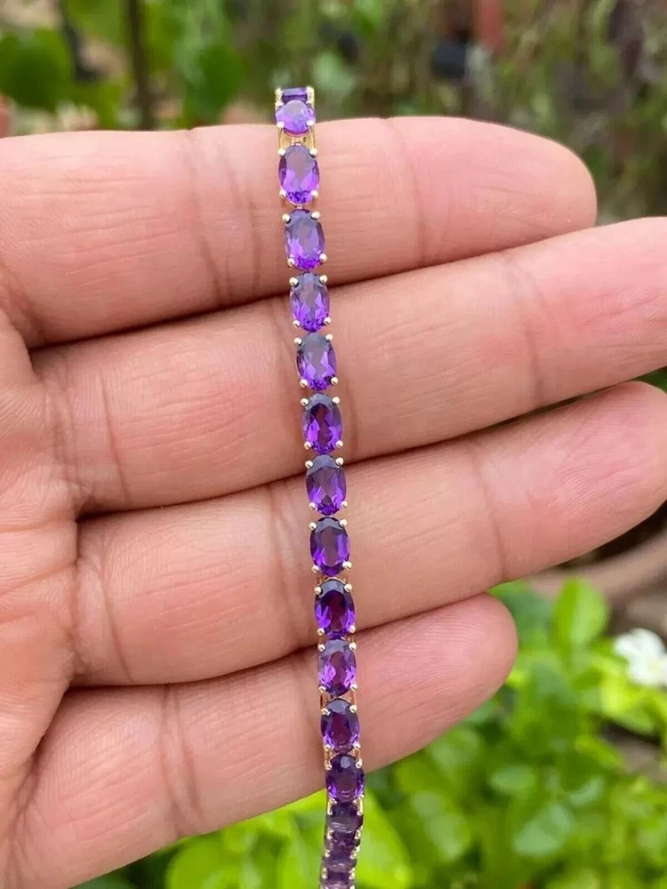 9Ct Oval Amethyst Lab Created Womens Tennis Bracelet 14K Yellow Gold Plated 7