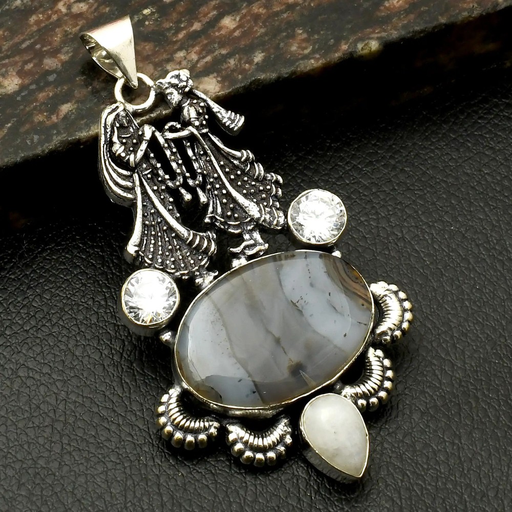 Montana Agate White Topaz Gemstone Ethnic Handmade Pendant Jewelry 3