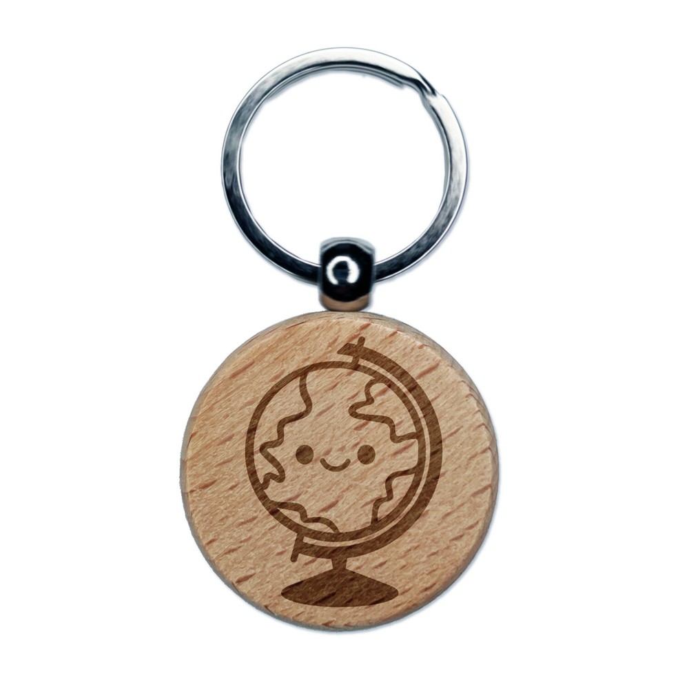 Kawaii Globe Earth Teacher School Engraved Wood Round Keychain Tag Charm