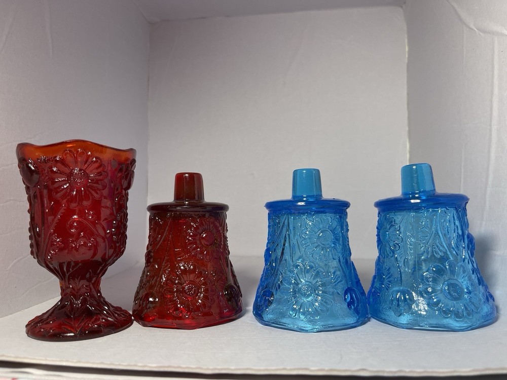 4 VTG HOMCO Blue Red Daisy Sunflower Glass Peg Votive Candle Holder GLOWS