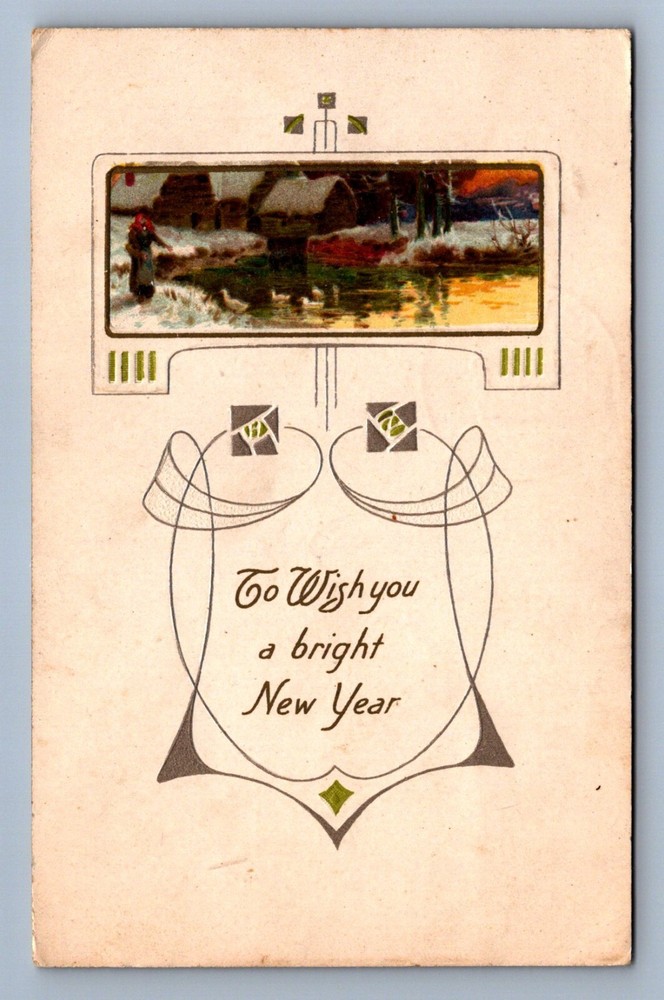Postcard Vtg New Year's Holiday Celebration Winter Scene Wish You A Bright Year