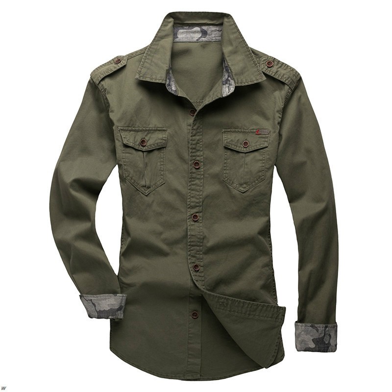 Casual Men‘S Long Sleeve Cargo Shirts Military Style Shirt Double Pockets Tops