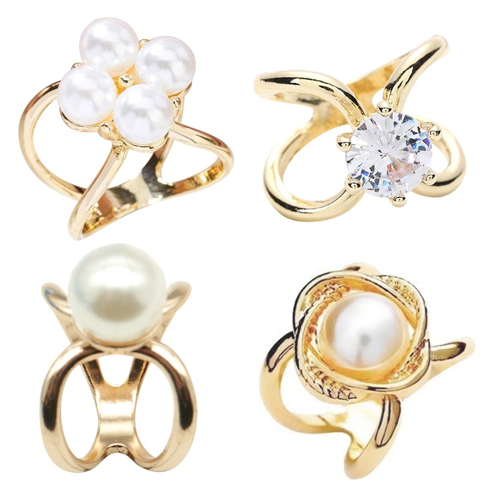 4Pcs Pearl Flower Scarf Rings Metal Shawl Clips Brooches for Women