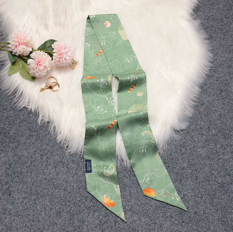 Pure Twill Silk Scarf Green Floral Print Slim Headband Necktie 120x8cm