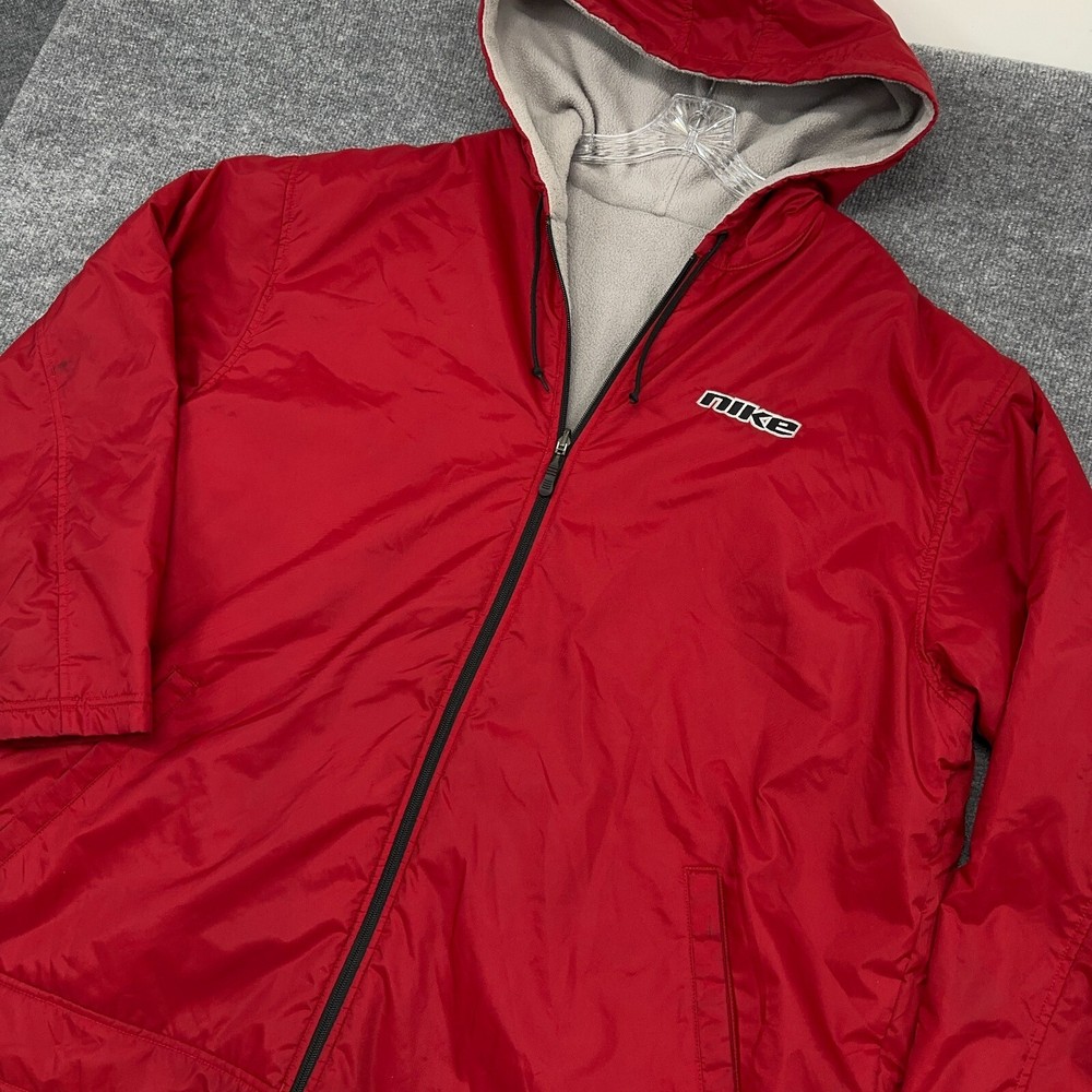 Vintage Nike Jacket Mens 2XL Red Gray Reversible Fleece Hooded Windbreaker Y2K