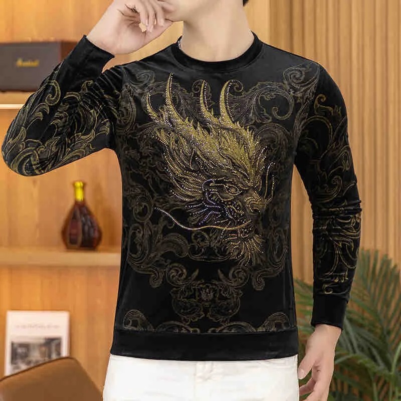 New Fashion Men Luxury Velvet Diamond Dragon Rhinestones Gold Fleece Long Sleeve