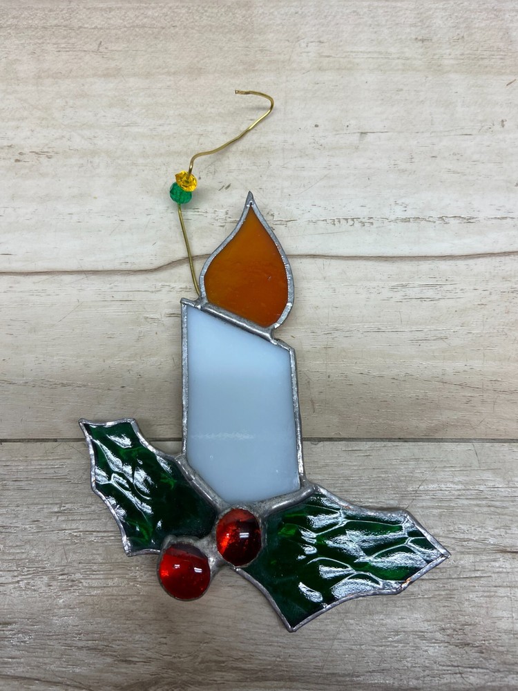 Vtg Stained Glass Holly Berry Candle Christmas Ornament