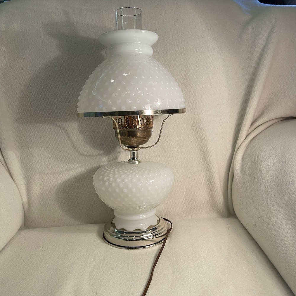 Hobnail White Milk Glass Hurricane Table Lamps Electric Key Turn Vintage